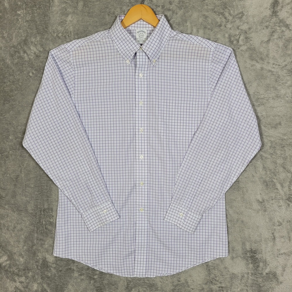 Brooks Brothers Shirt Mens 16-34  Purple Blue Check Plaid Button Down Supima